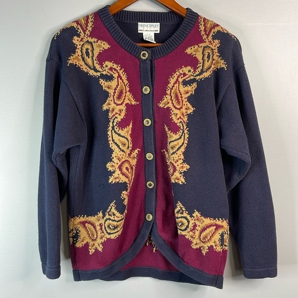Vintage 90’s Principles Petite Collection Cardigan Navy Taupe Burgundy Paisley M - Picture 11 of 11
